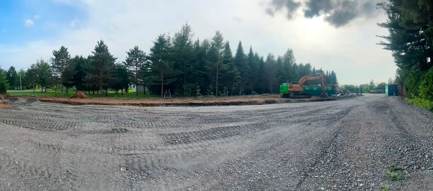 Terrain déboisé et nivelé à Saint-Samuel, lisière de pins et d'épinettes conservée en fond